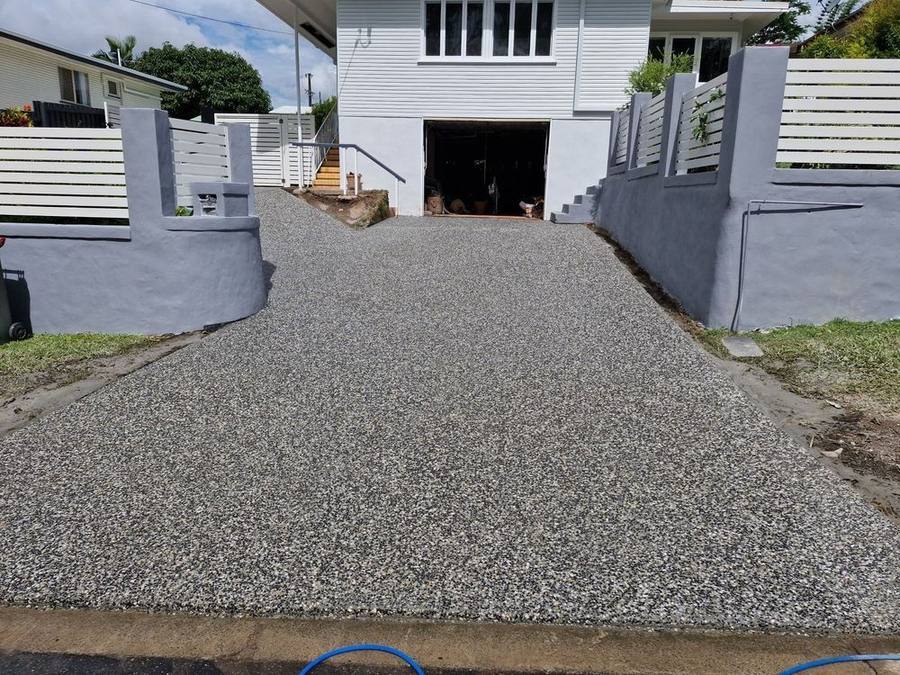 Exposed aggregate driveway ramp at a renovated Queenslander